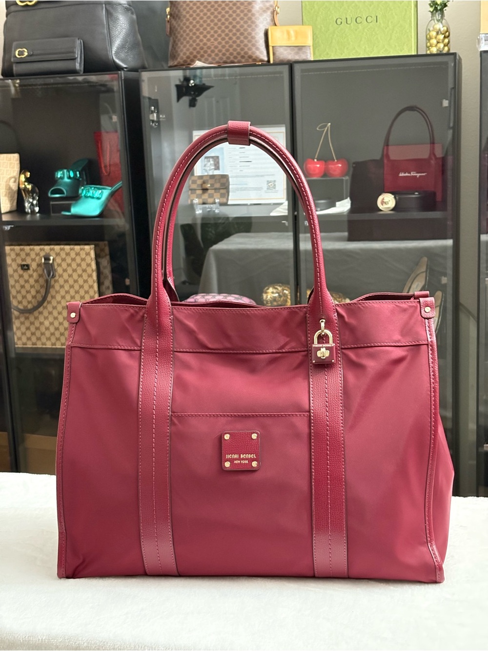 HENRI BENDEL Burgundy Nylon Saffiano Leather Trim Jetsetter Tote Bag Large